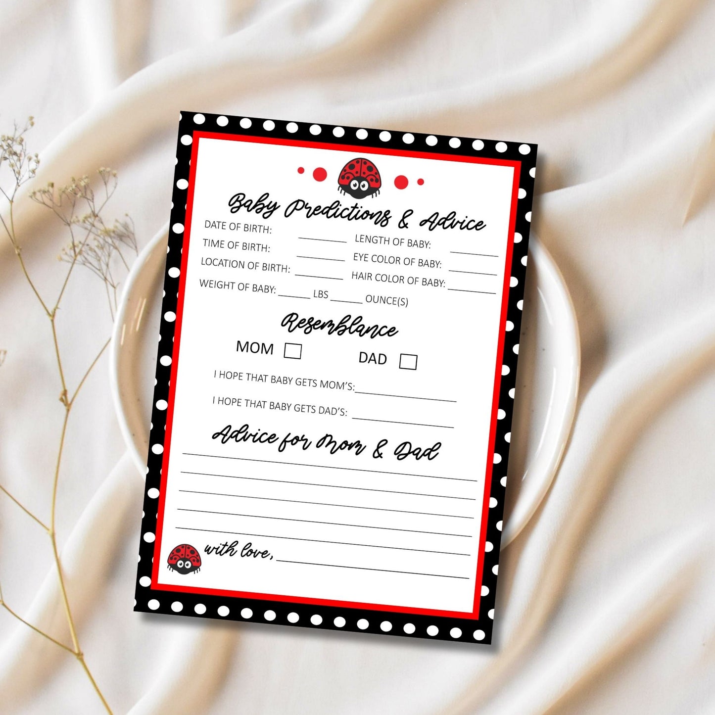 Ladybug Theme Baby Shower Predictions and Advice Cards Printable 5x7 Digital Download, Instant Download Baby Game for Moms, Parents, Aunties