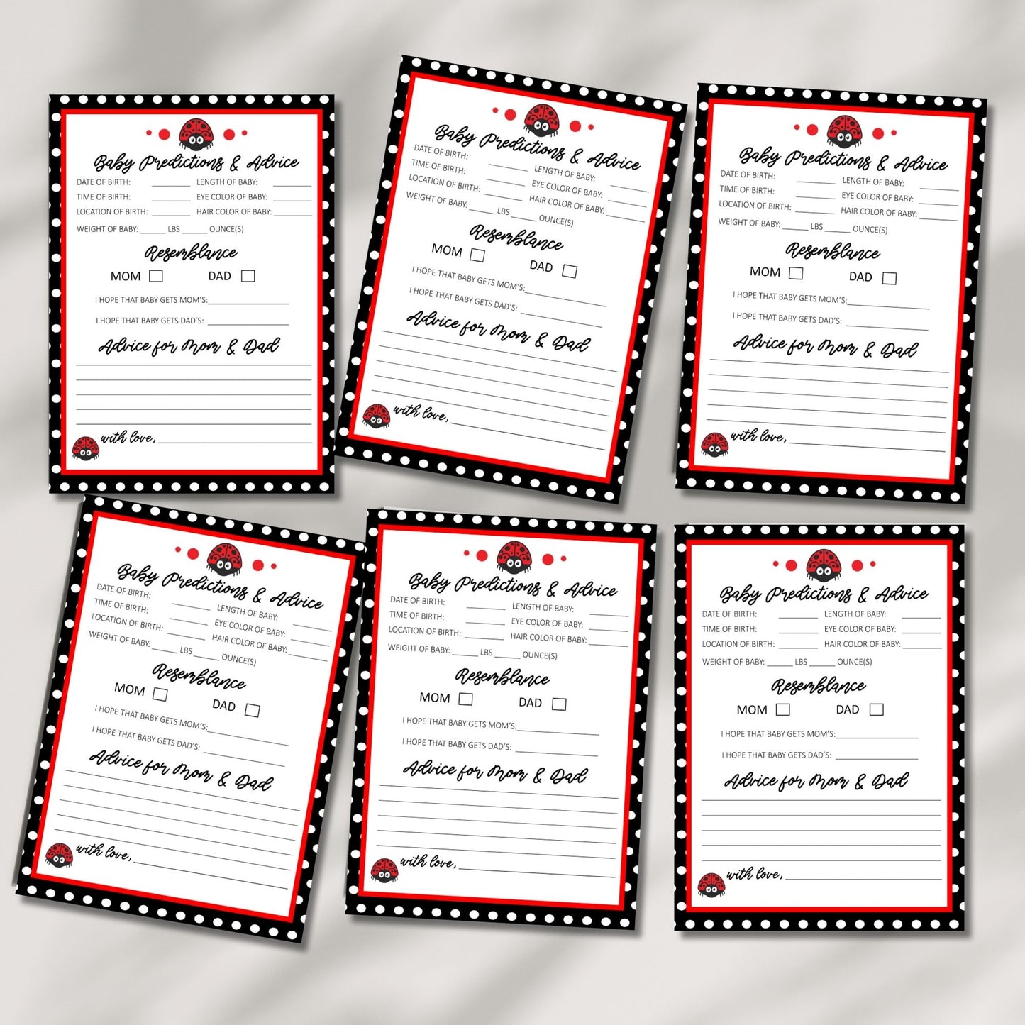 Ladybug Theme Baby Shower Predictions and Advice Cards Printable 5x7 Digital Download, Instant Download Baby Game for Moms, Parents, Aunties