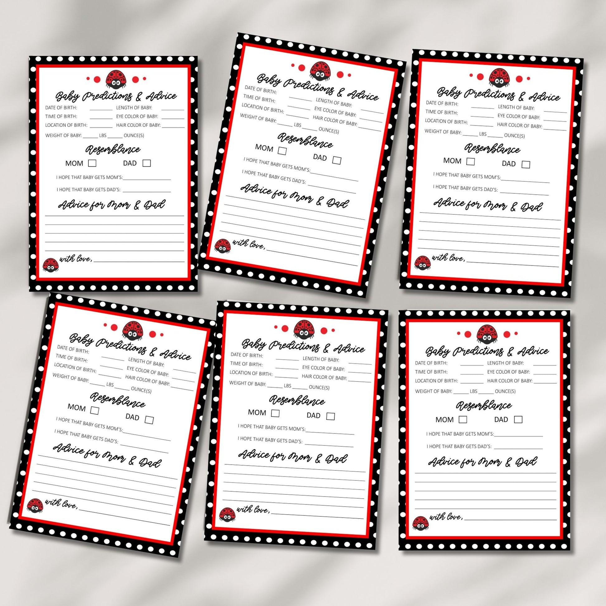 Ladybug Theme Baby Shower Predictions and Advice Cards Printable 5x7 Digital Download, Instant Download Baby Game for Moms, Parents, Aunties