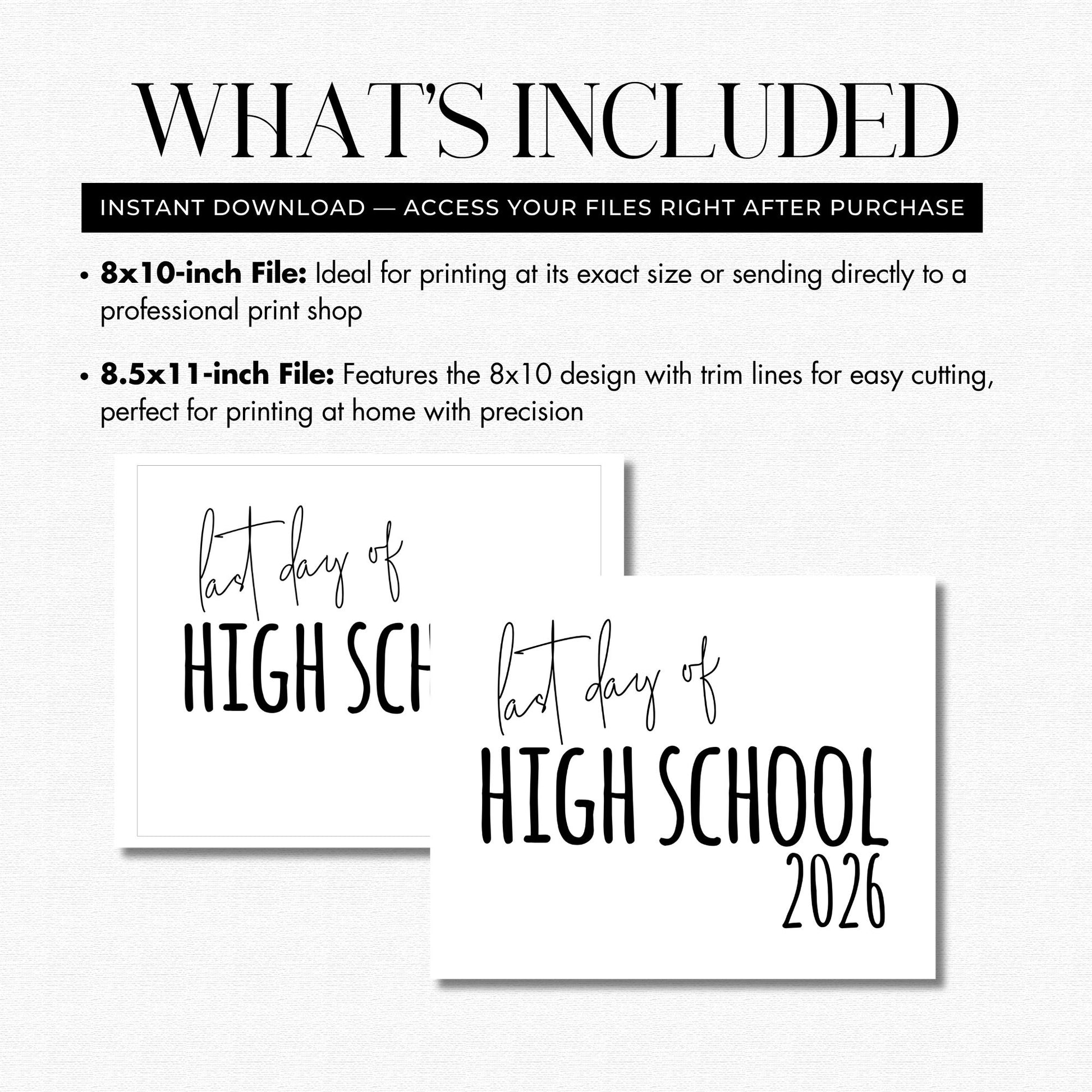 Informational text about print files for the 'first day of high school' with two file sizes displayed.