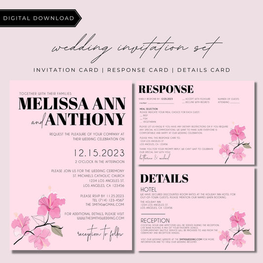 Pink Floral Wedding Invitation Template 