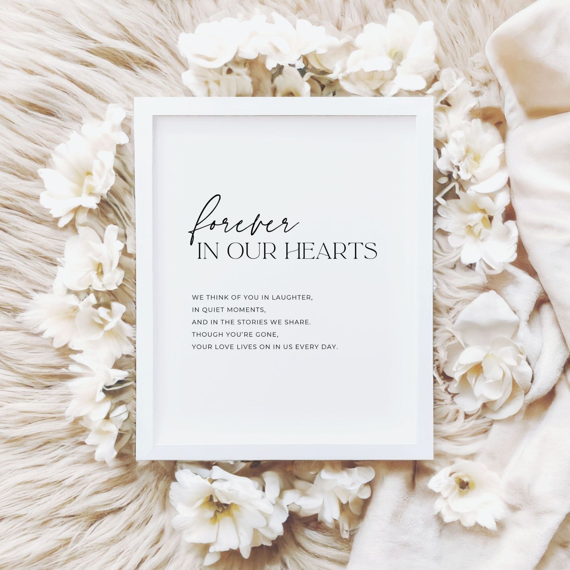 Forever In Our Hearts memorial sign printable, 8x10 digital download funeral table decoration, celebration of life remembrance sign