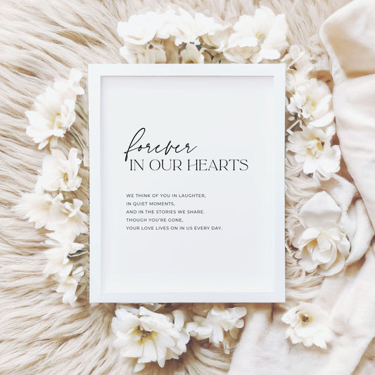 Forever In Our Hearts memorial sign printable, 8x10 digital download funeral table decoration, celebration of life remembrance sign