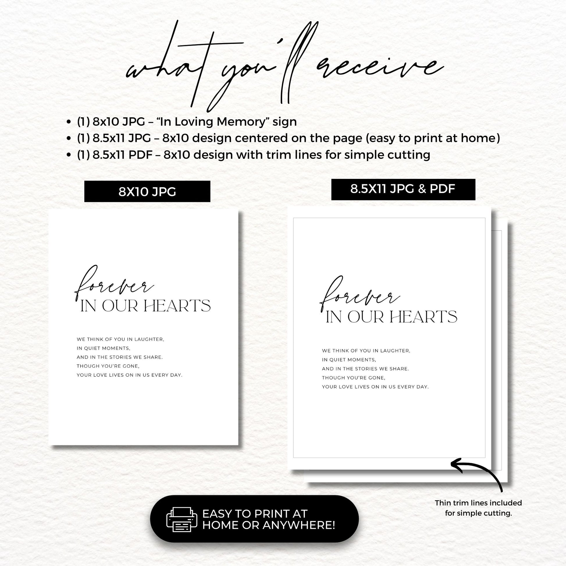 Forever In Our Hearts memorial sign printable, 8x10 digital download funeral table decoration, celebration of life remembrance sign