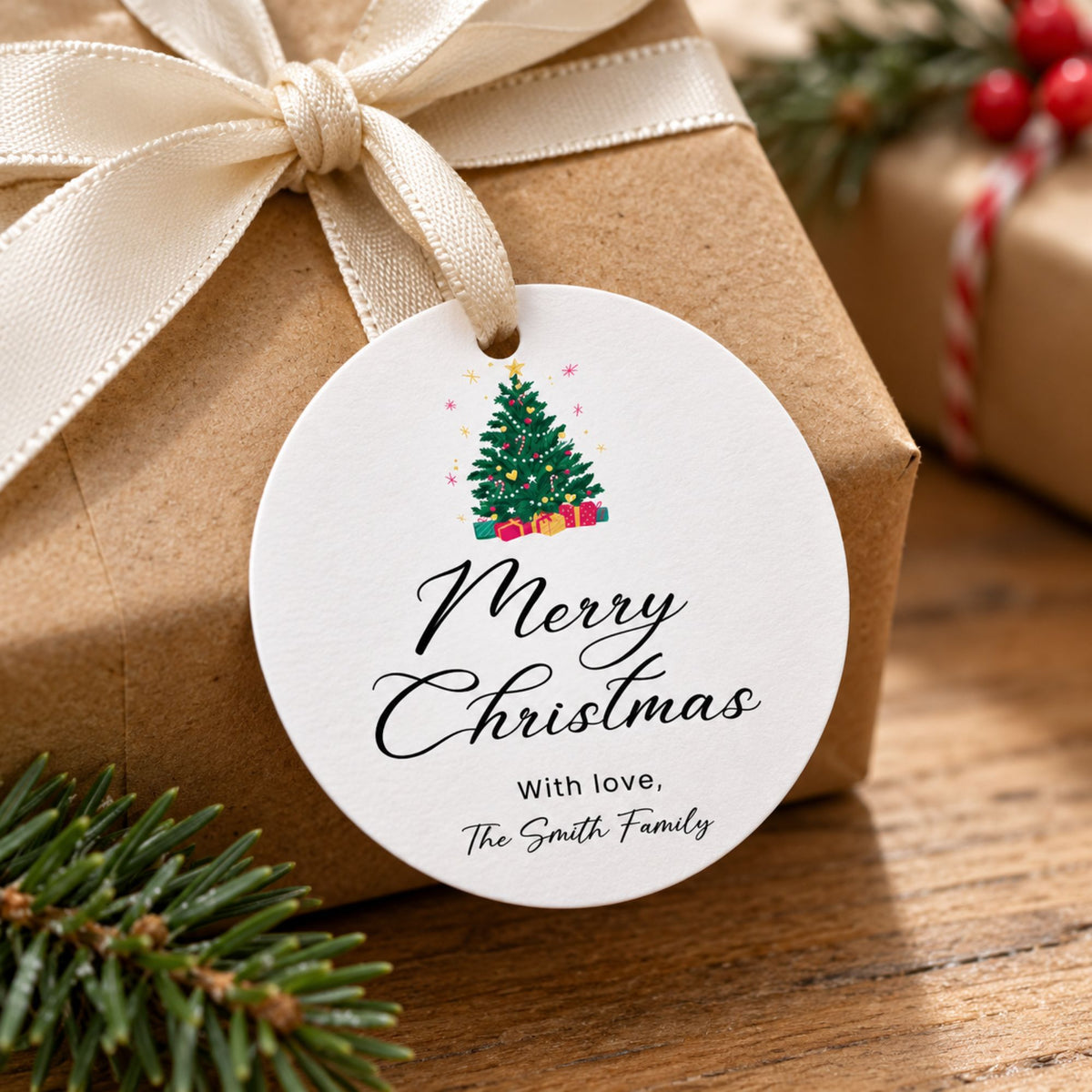 A round white Christmas gift tag with a colorful Christmas tree illustration and the text 'Merry Christmas With love, The Smith Family,' attached to a brown kraft gift box tied with a cream ribbon on a wooden surface.