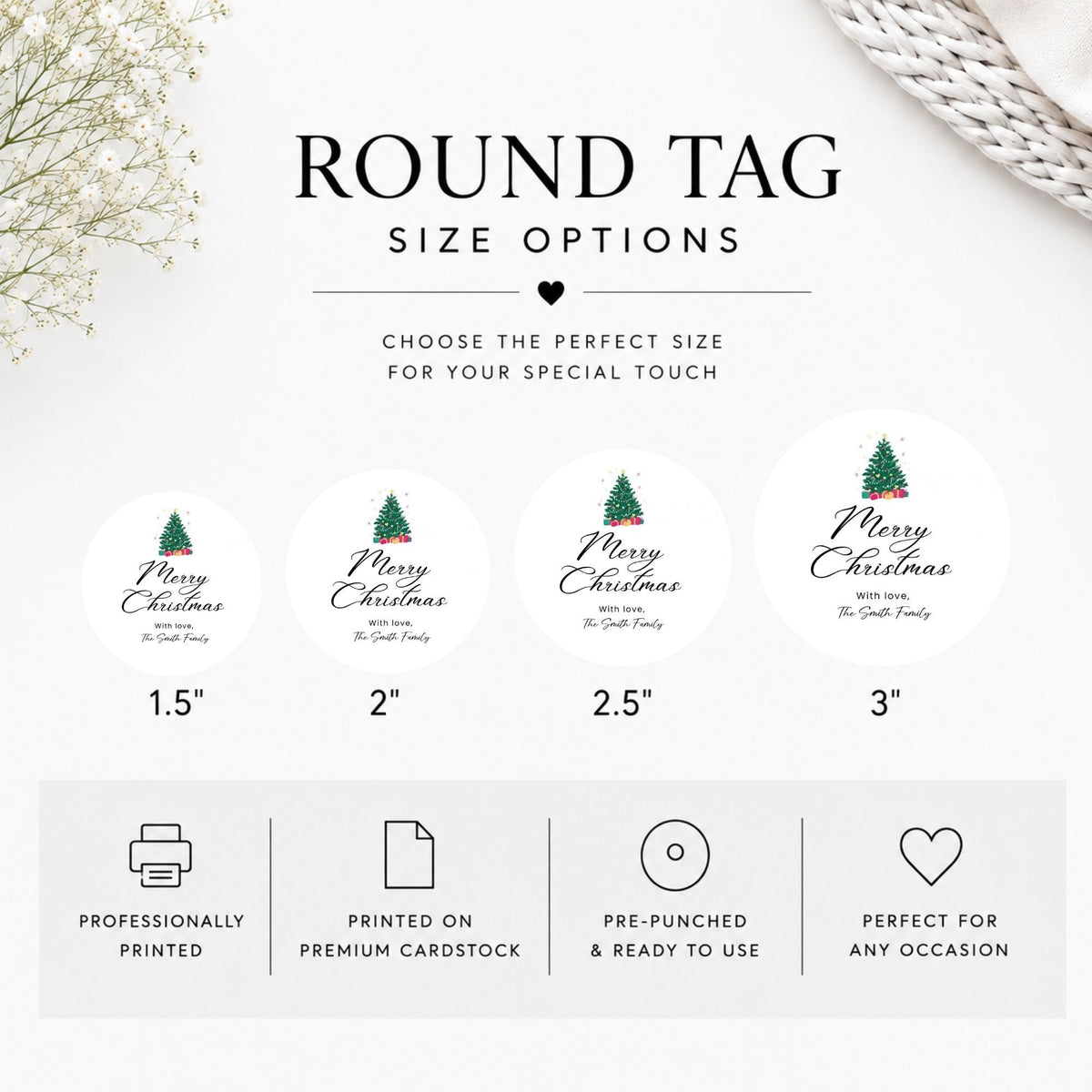 Round Christmas-themed tag size options chart showing four sizes: 1.5", 2", 2.