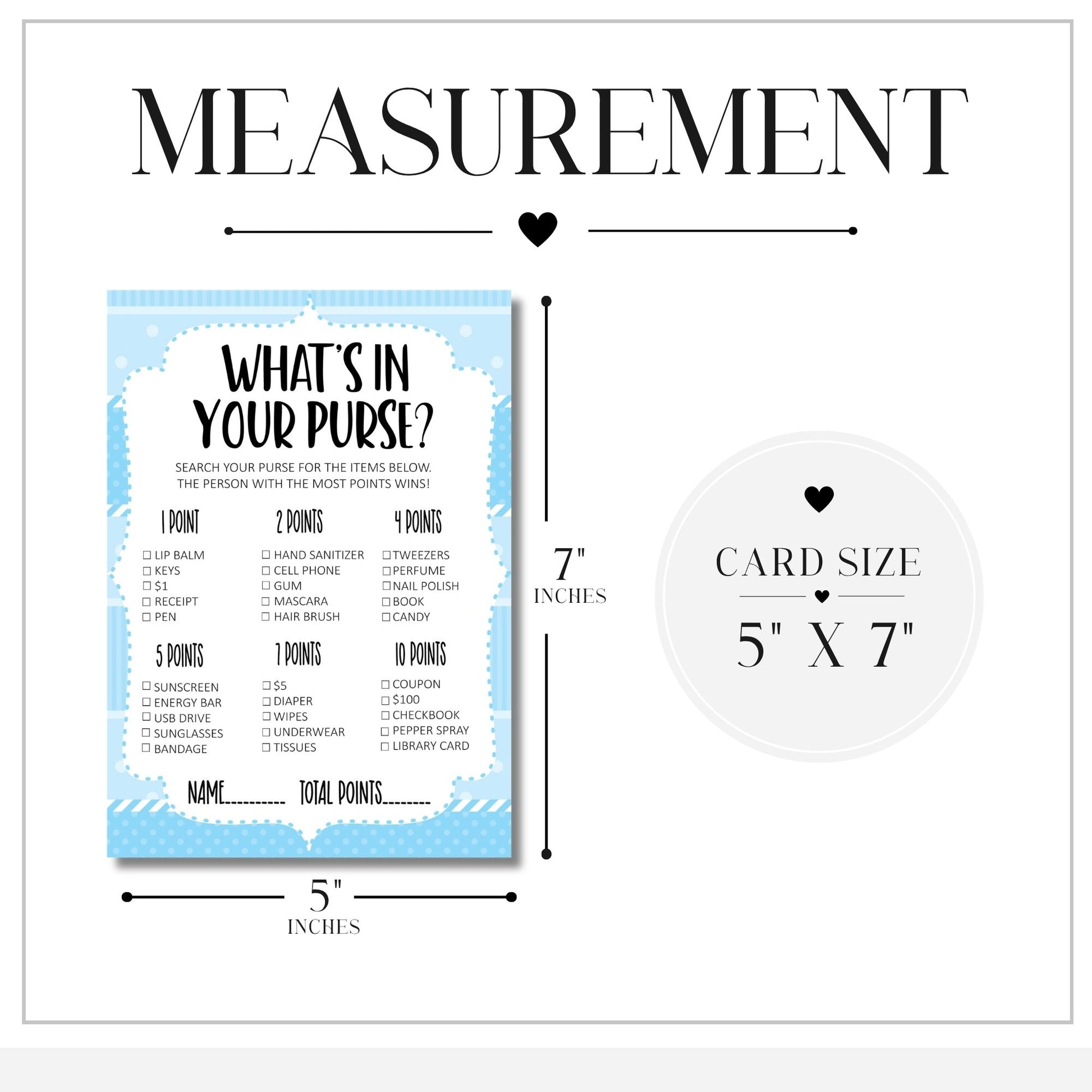 A measurement graphic for a purse-themed bingo card game. It shows a light blue and white bingo board labeled 'What's in Your Purse?' with point values for items, alongside a circular card-size callout reading 5" x 7" and dimension lines indicating the board is 5 by 7 inches.