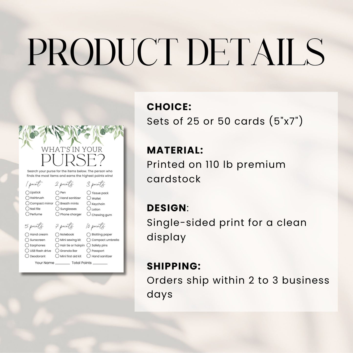Product details of a card set with text on a blurred background