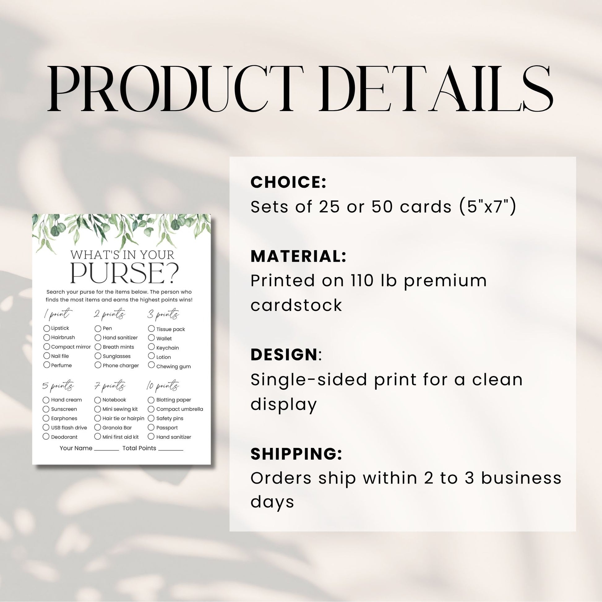 Product details of a card set with text on a blurred background