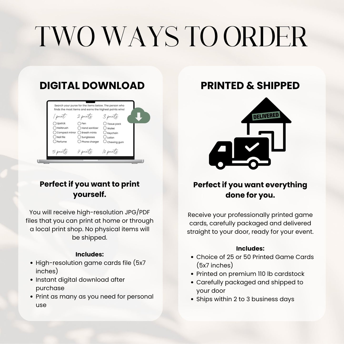 Two ways to order graphic with digital download and printed & shipped options on a white background.