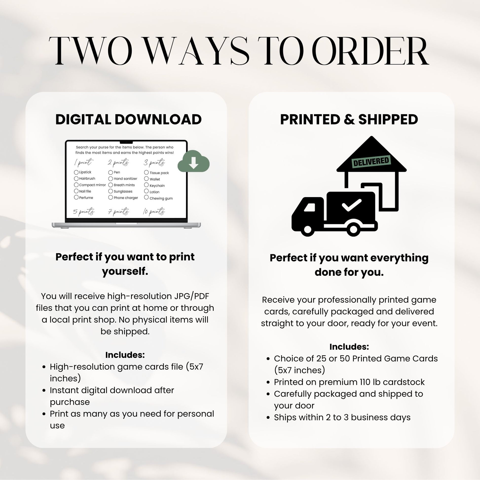 Two ways to order graphic with digital download and printed & shipped options on a white background.