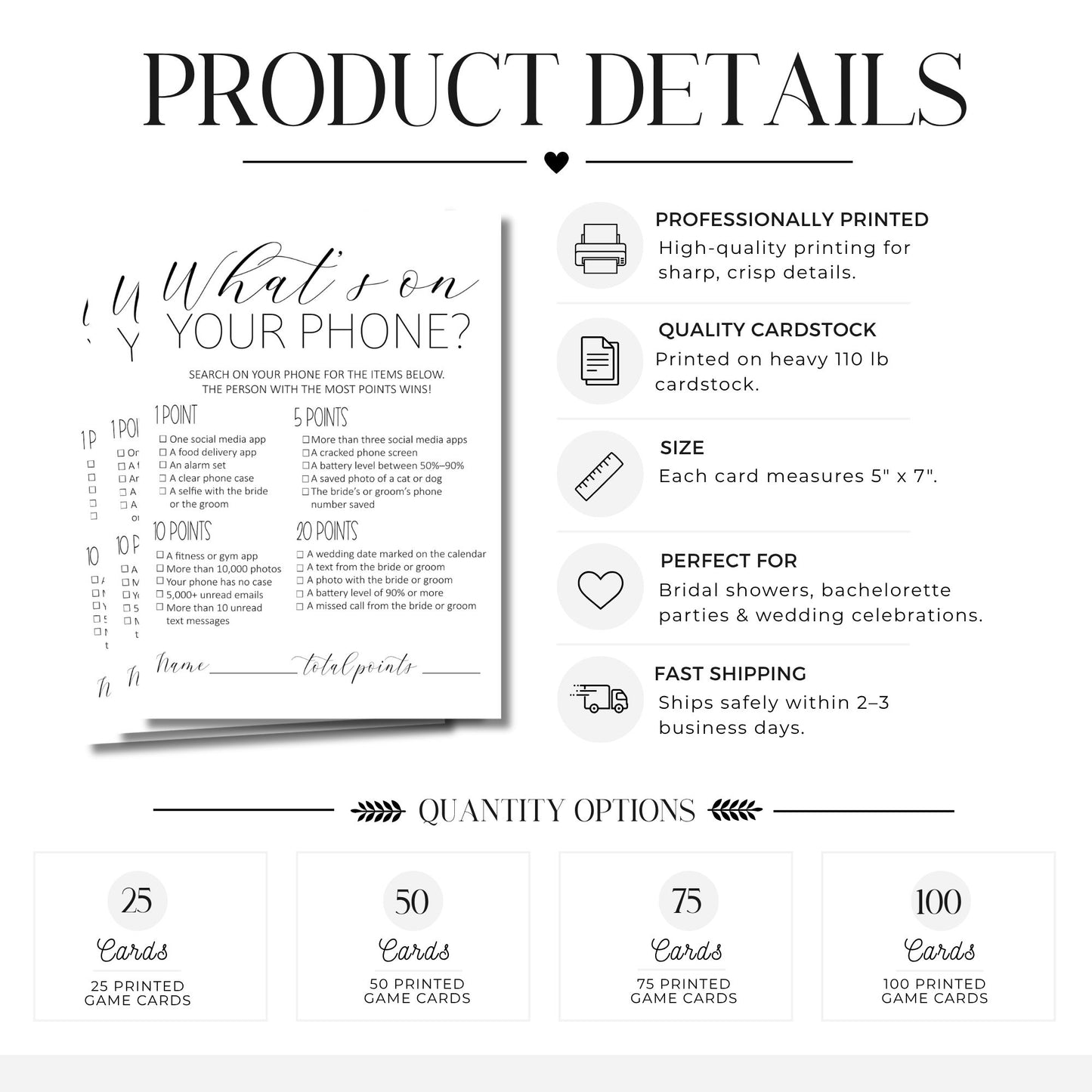 Product details infographic for custom phone game cards, showing the front and back of a printed card, marketing features like high-quality printing and quality cardstock, quantity options from 25 to 100 cards, and shipping information.