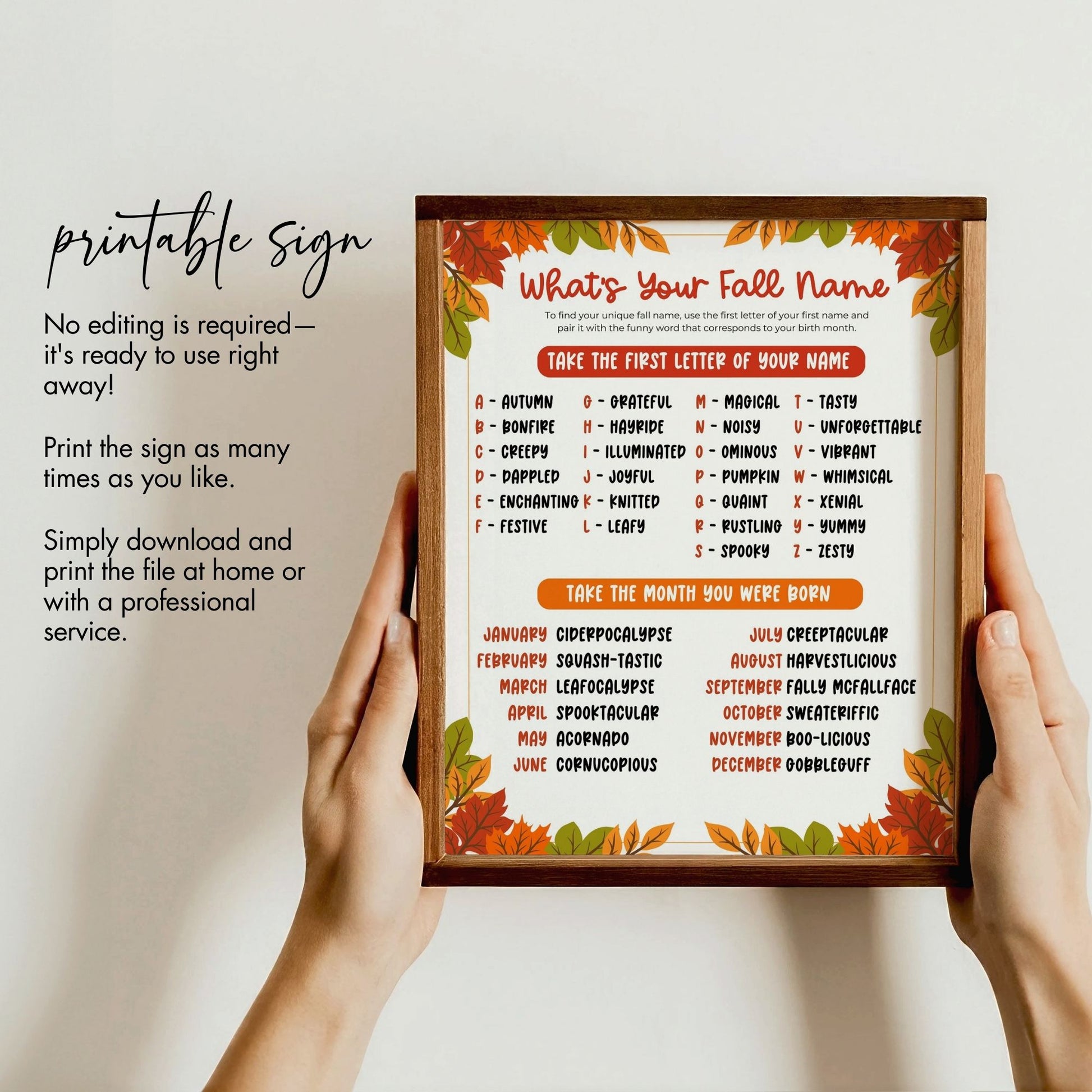 What's Your Fall Name Game, Fall Party Printable, Fun Autumn Activity, 8.5x11 Digital Download, Instant Fall Decor, Classroom Party Game