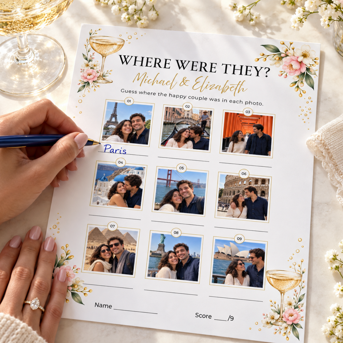 Woman writing a location guess on a personalized Where Were They bridal shower game with nine couple photos.