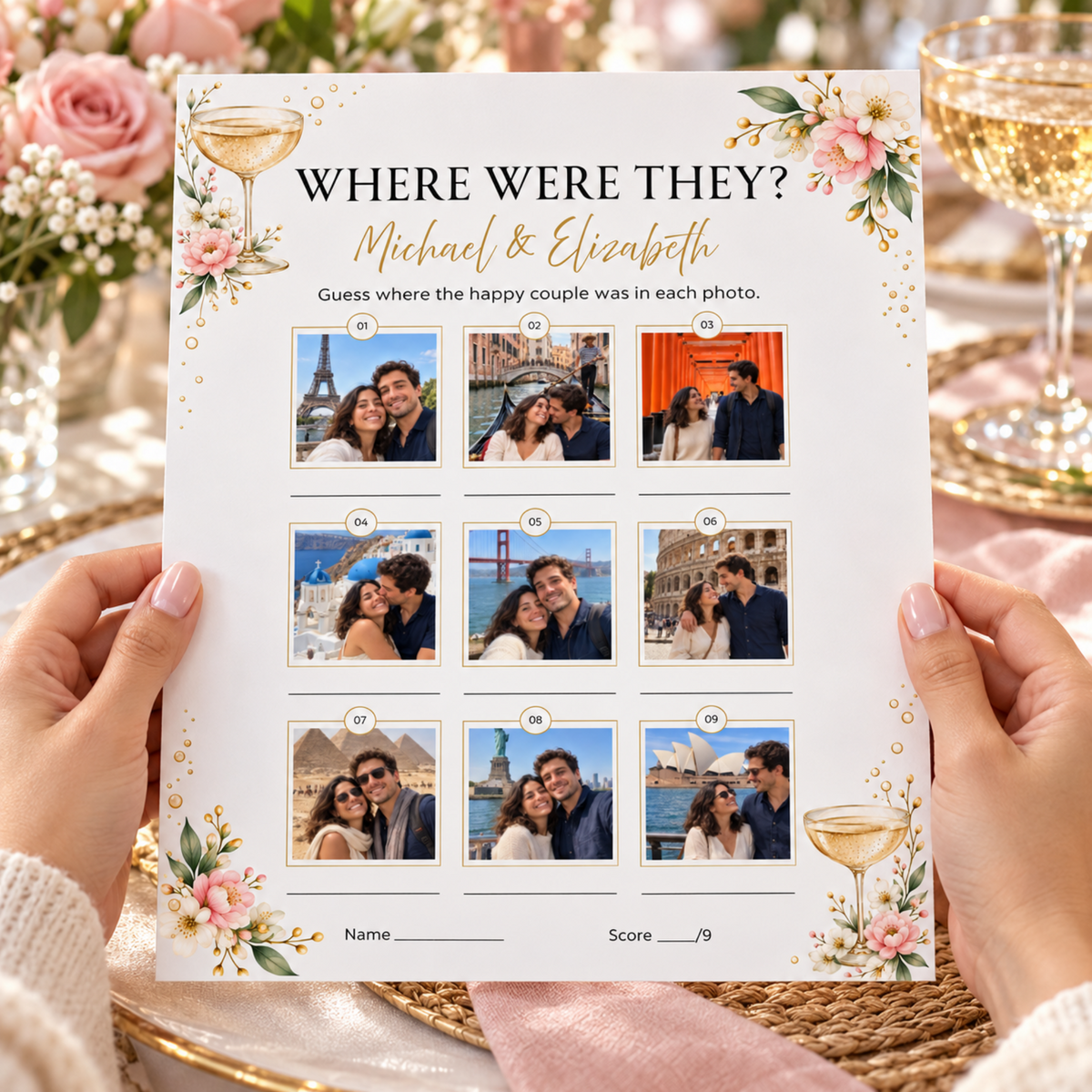 Hands holding an 8 × 10 personalized Where Were They bridal shower game with nine photos at a decorated table.