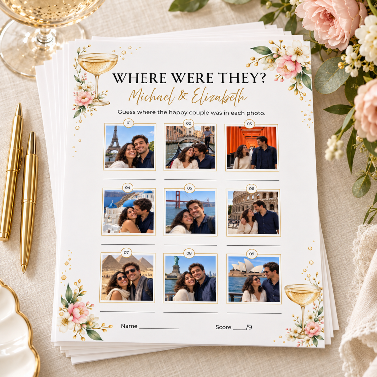 Stack of personalized Where Were They bridal shower game sheets with nine photo prompts.
