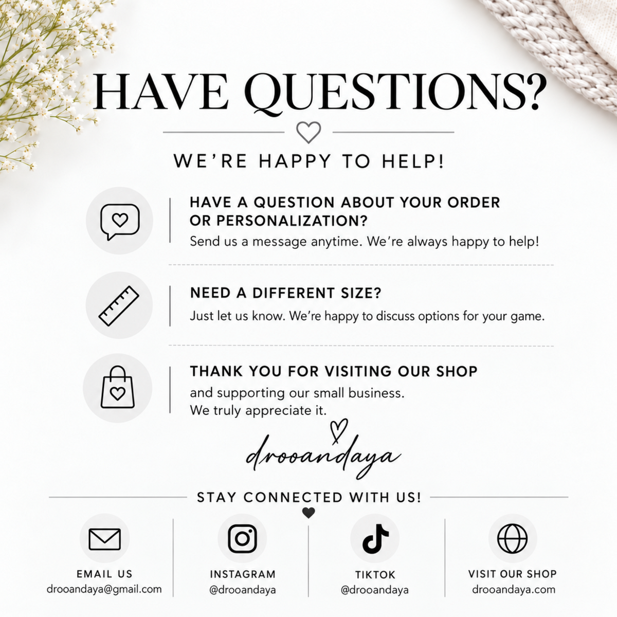 Droo & Aya customer support and contact details for personalized bridal shower game orders.