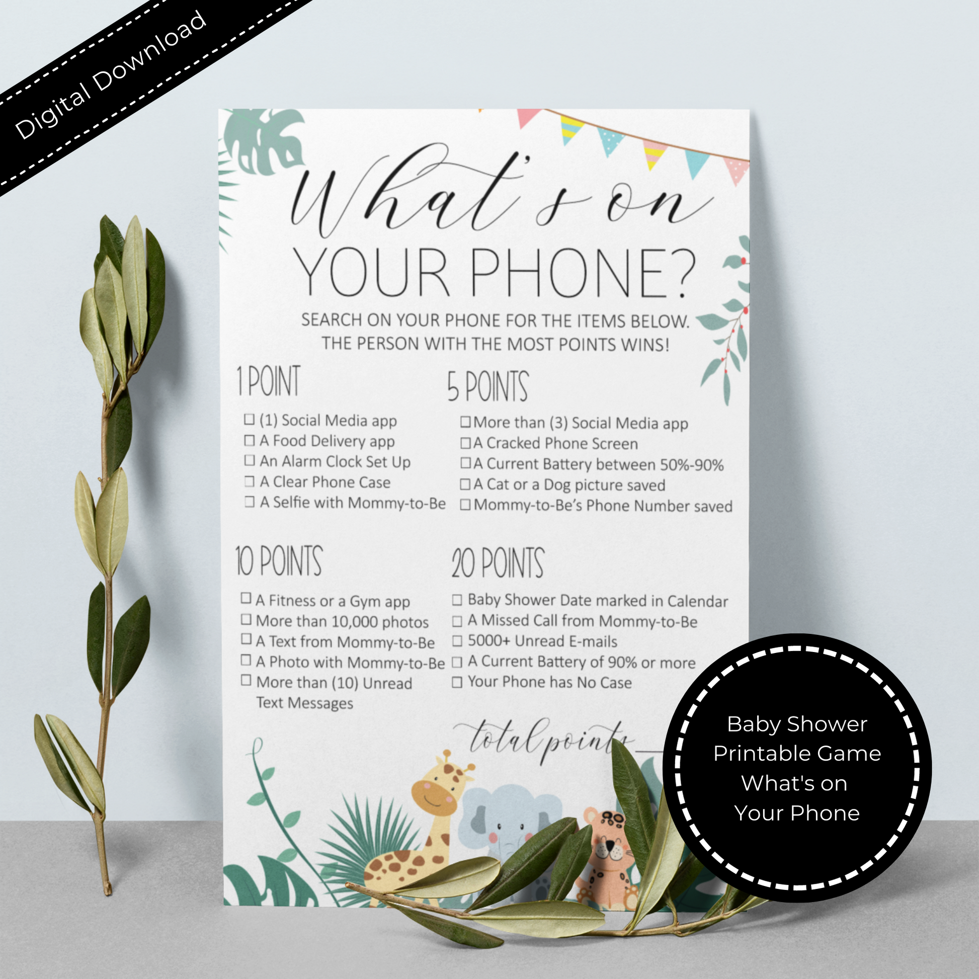 What's On Your Phone Baby Shower Game Printable - Safari Theme