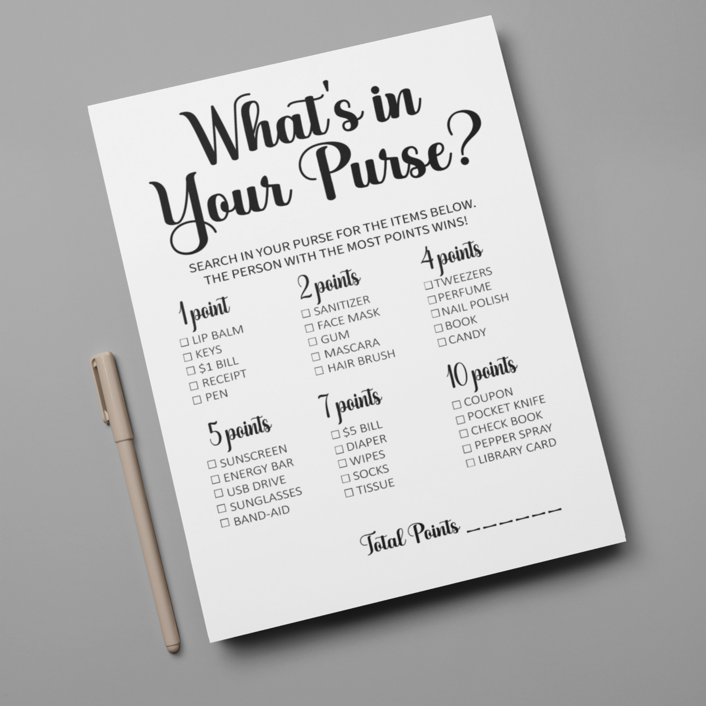 What's In Your Purse Baby Shower Game - Minimalist 