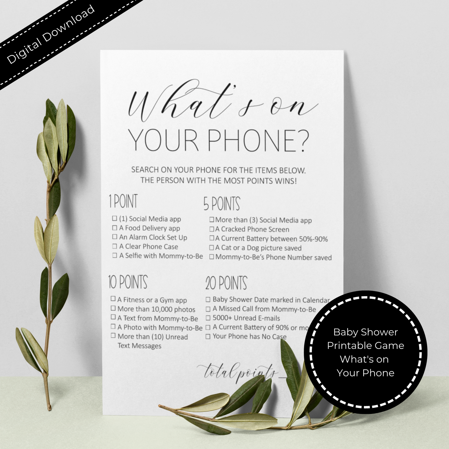 What's On Your Phone Baby Shower Games Printable - Minimalist