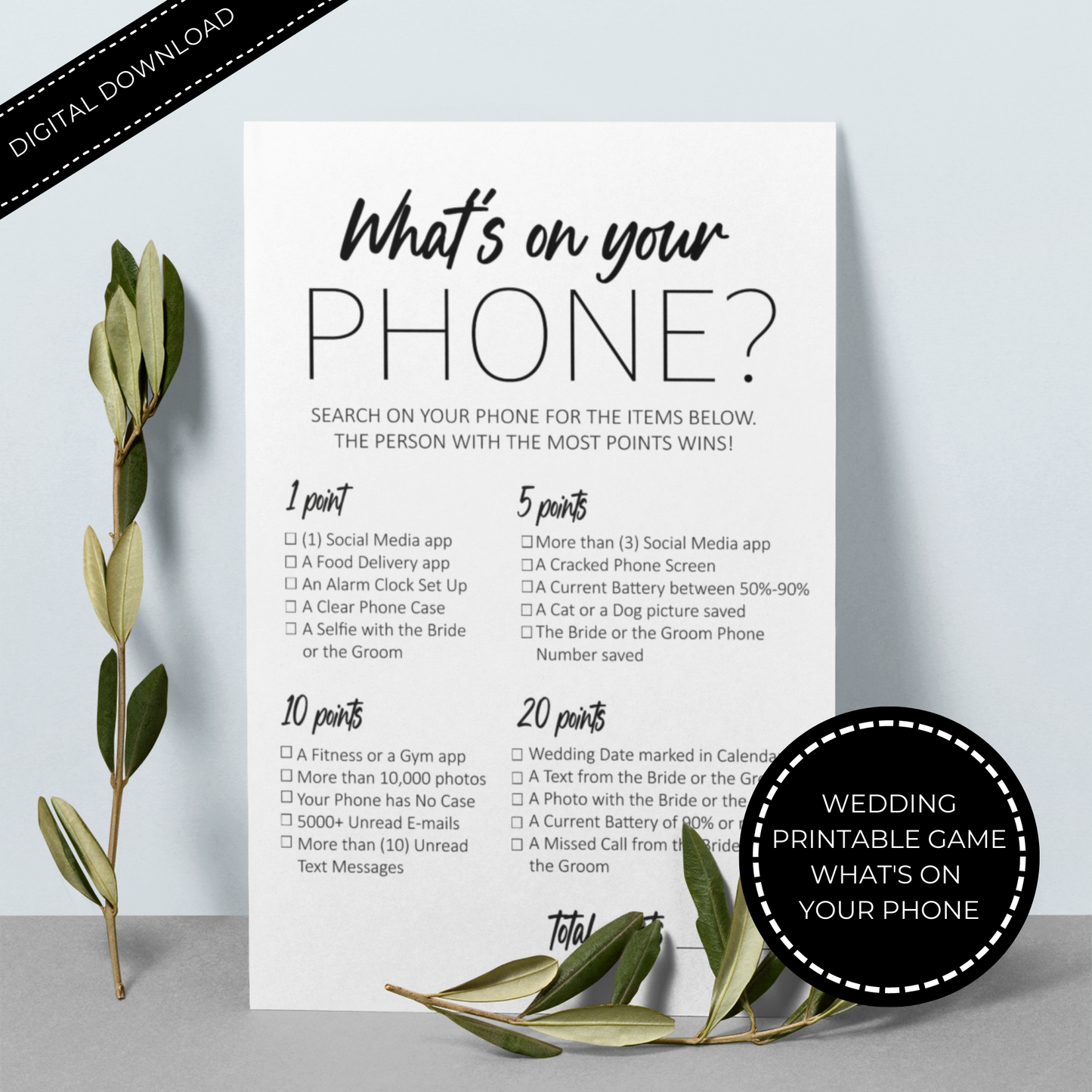 What's On Your Phone Wedding Game Printable - Minimalist