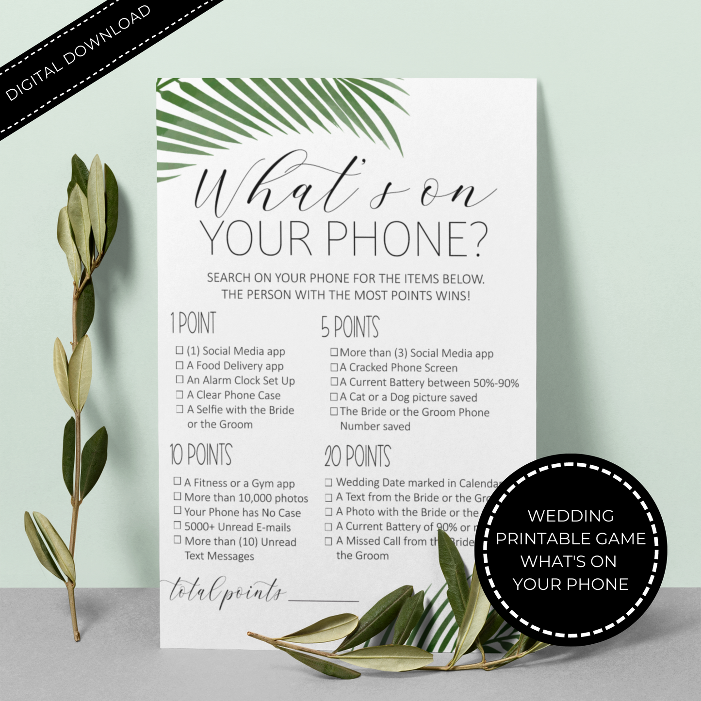 What's On Your Phone Wedding Game Printable - Palm Leaves