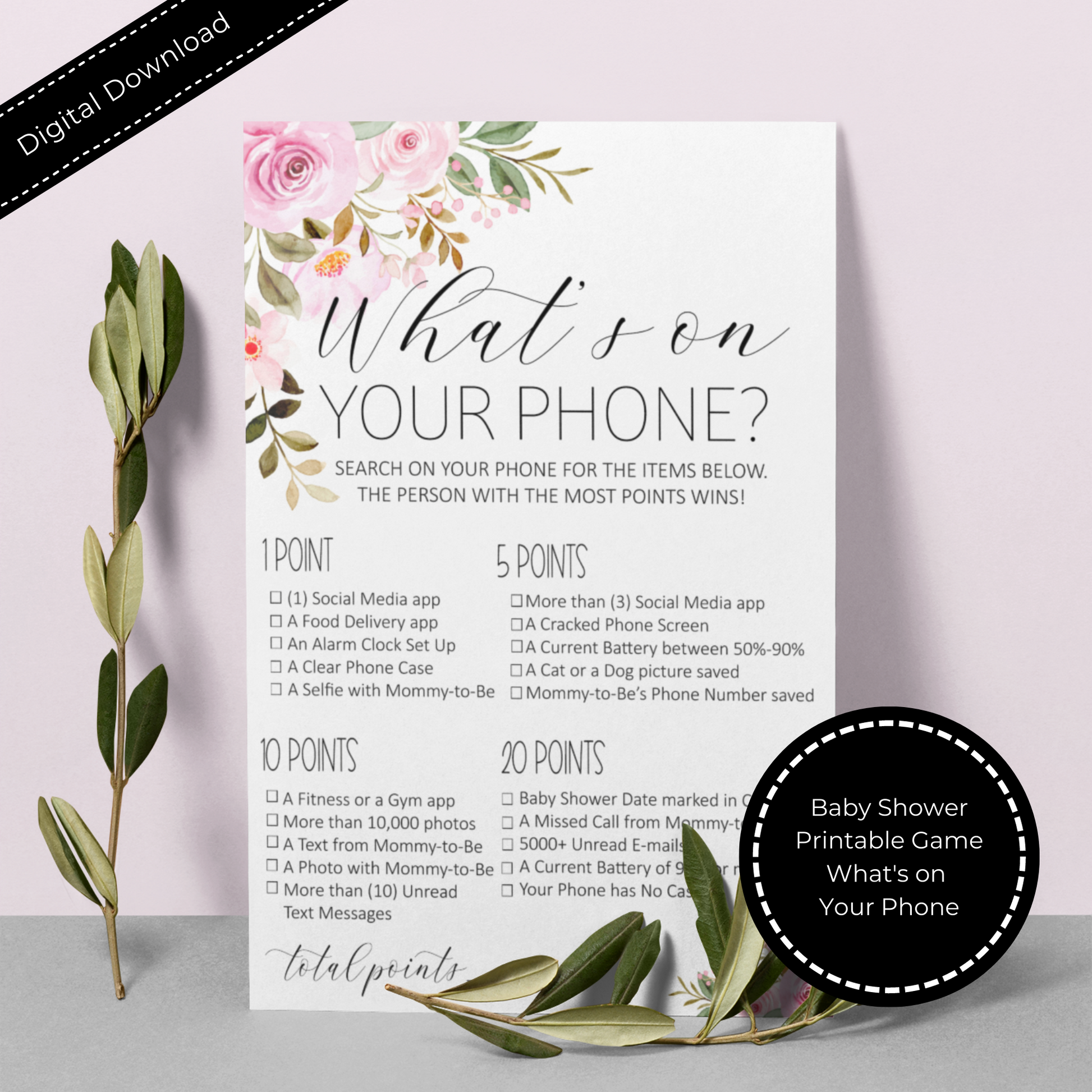 Whats On Your Phone Baby Shower Game Printable - Floral