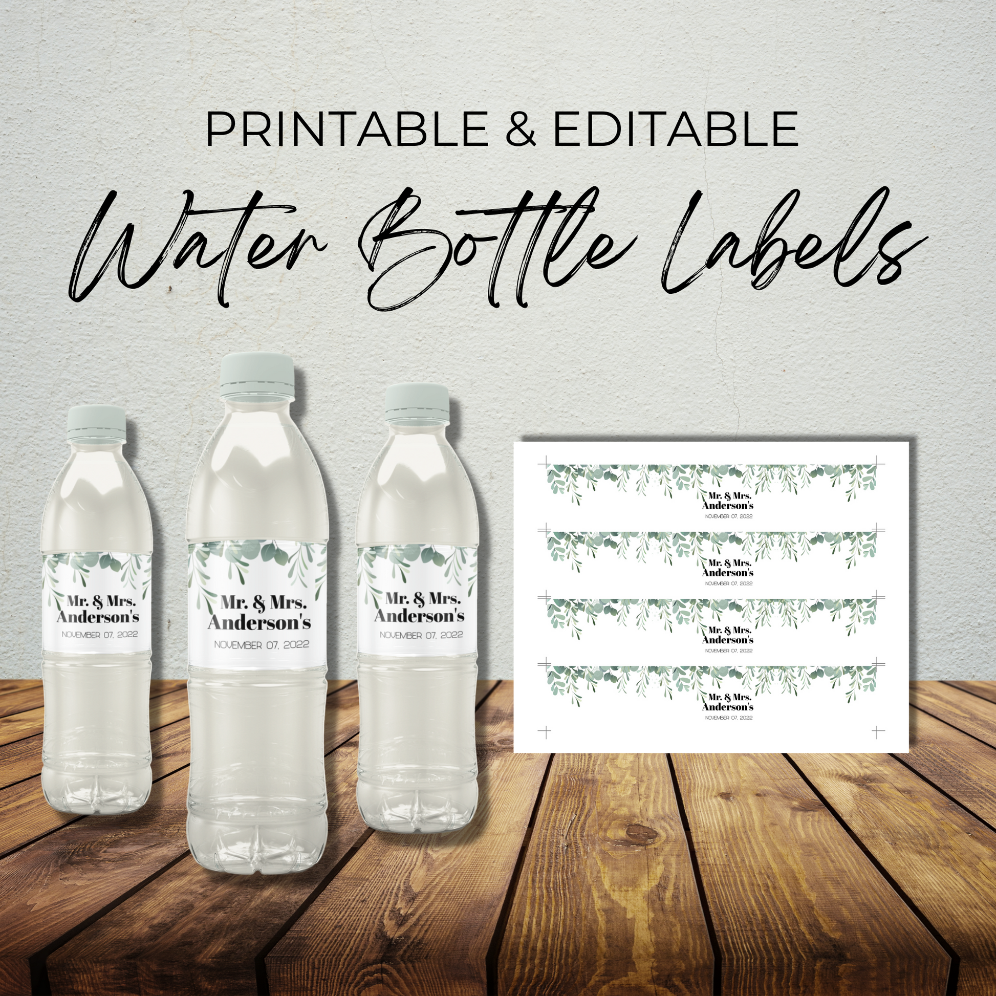 Wedding Water Bottle Labels Template - Greenery