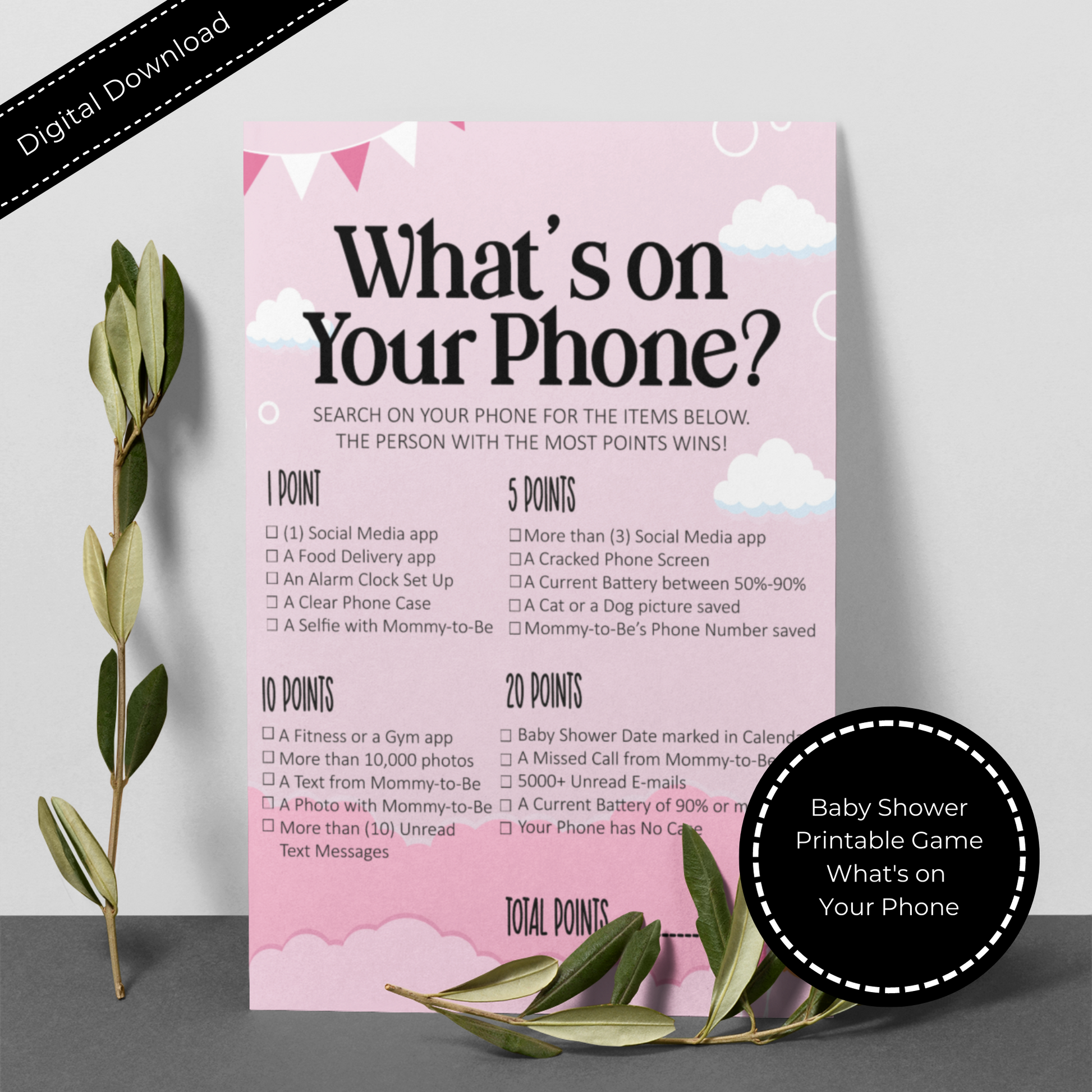 What's On Your Phone Baby Shower Games Printable - Pink
