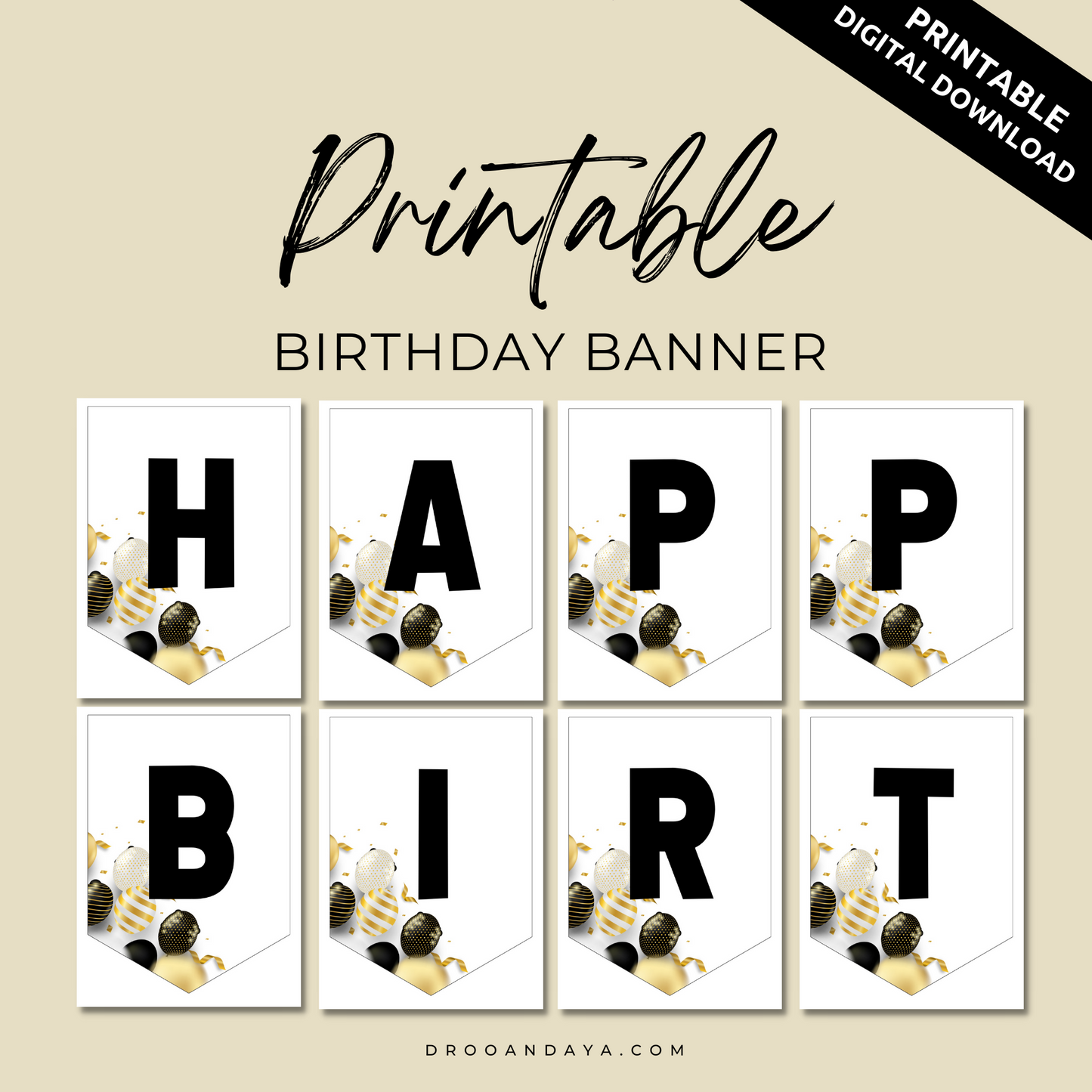 Happy Birthday Banner Printable PDF - Black and Gold Theme - Droo & Aya