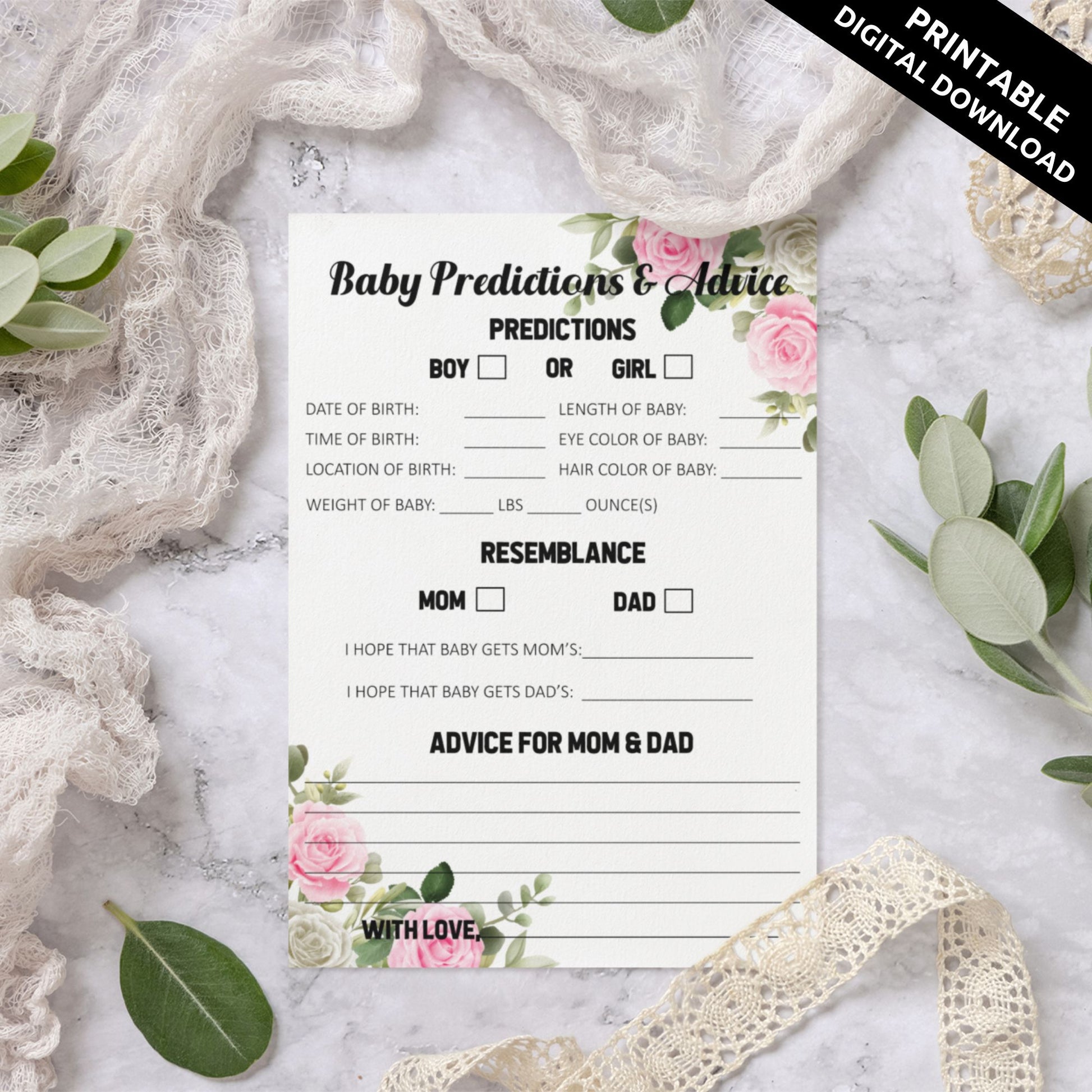 Baby Predictions and Advice Baby Shower Printable Game - Floral