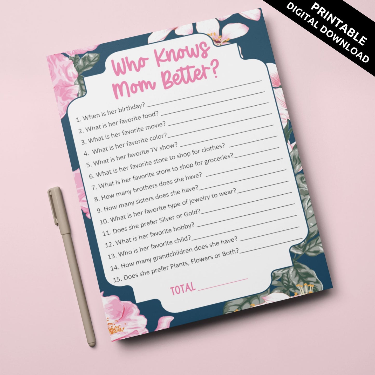 Who Knows Mom Better, Mothers Day Game Printable - Floral