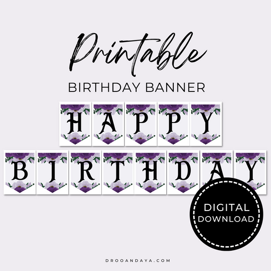 Happy Birthday Banner Printable PDF - Purple Floral Theme - Droo & Aya