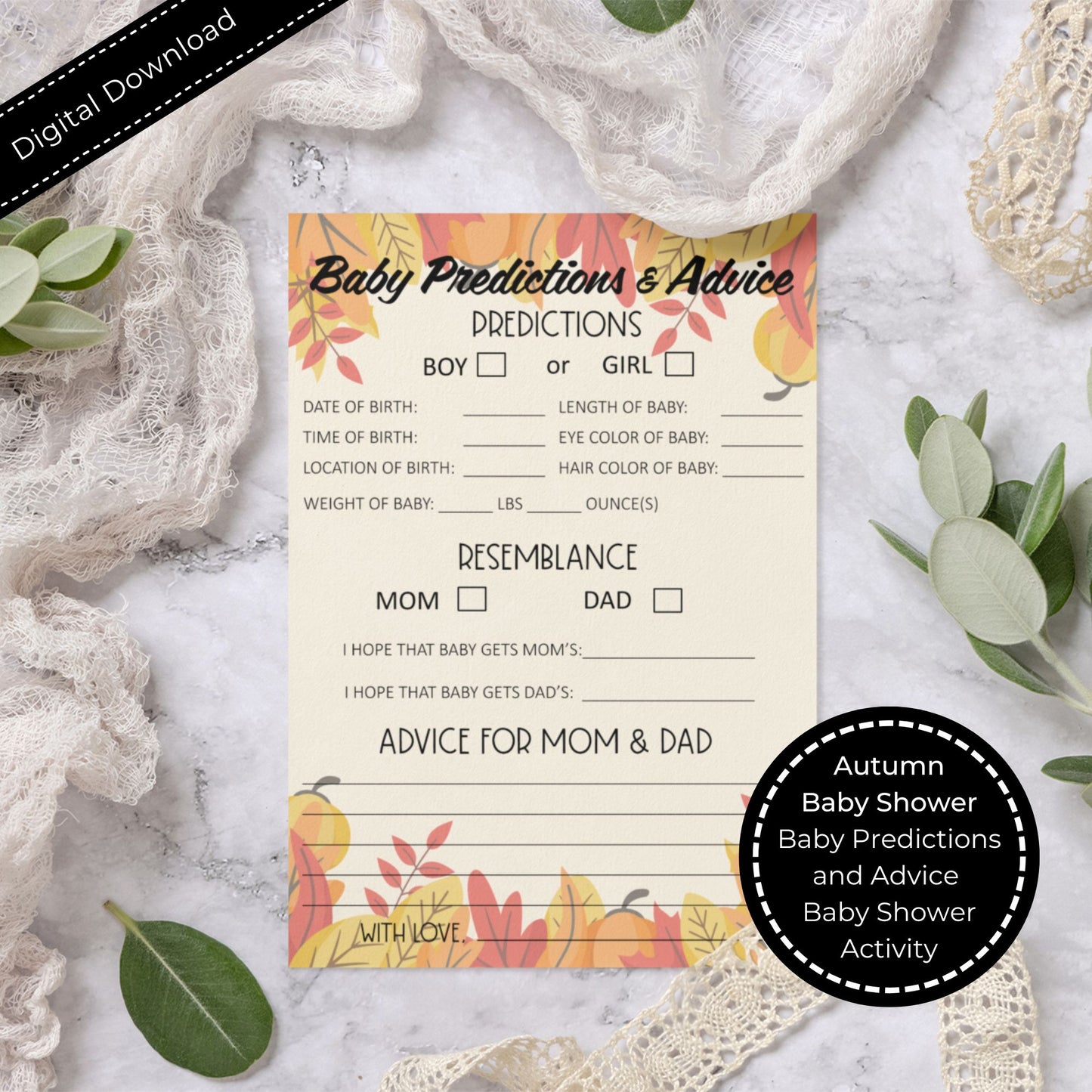 Fall Theme Baby Predictions and Advice Printable Cards
