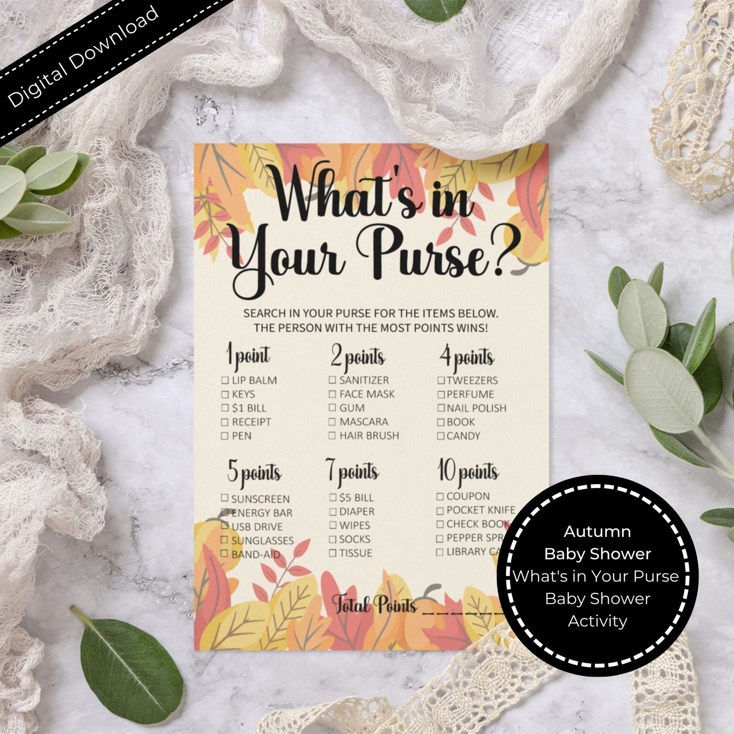 Fall Baby Shower Activity - What's in Your Purse