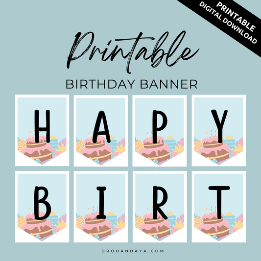 Happy Birthday Banner Printable PDF - Pink Cake Theme - Droo & Aya