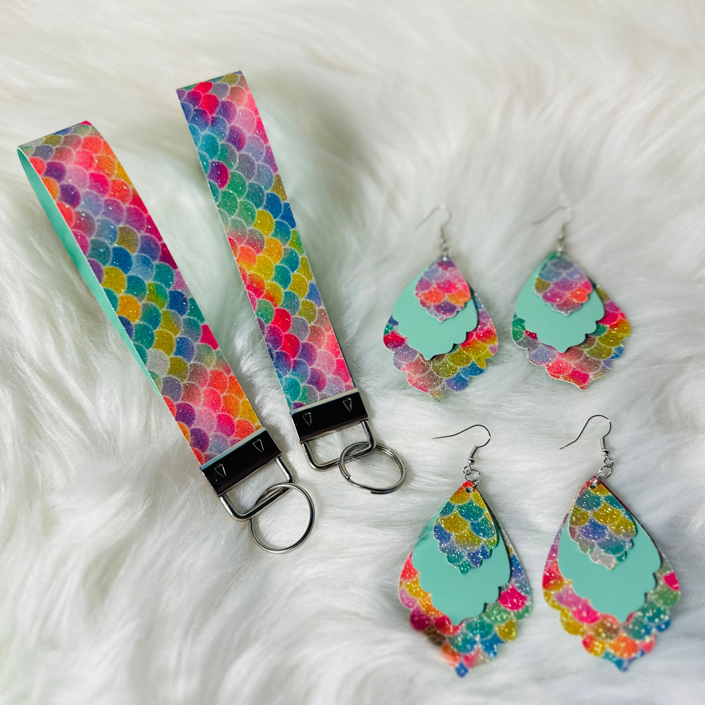 Rainbow Mermaid Printed Faux Leather Keychain with Matching Earrings