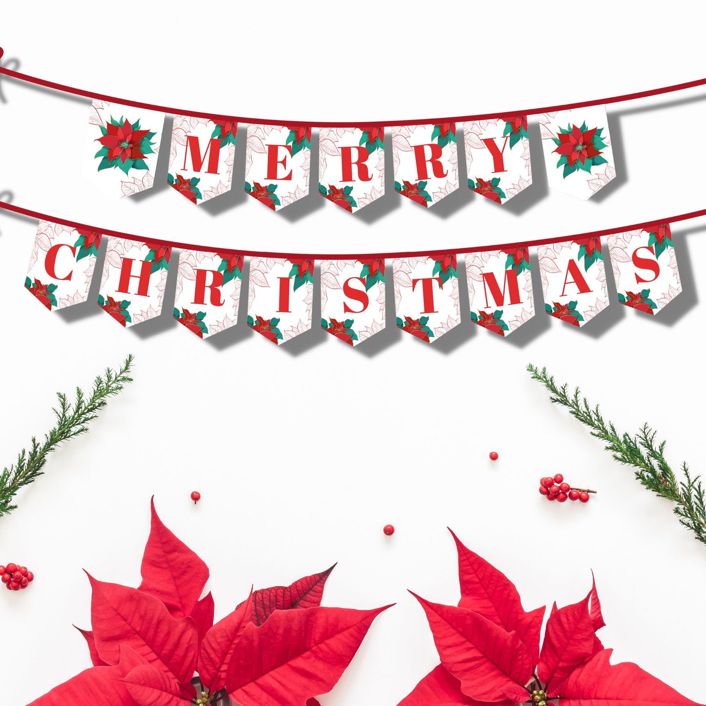 Poinsettia Theme Merry Christmas Printable Banner