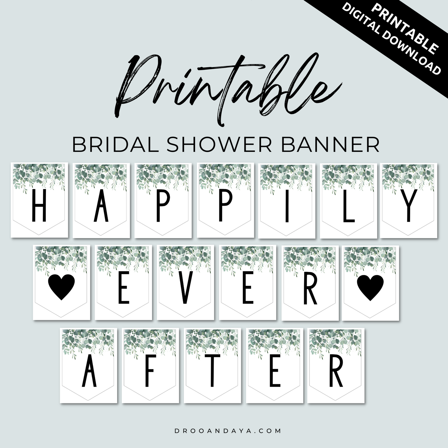 Bridal Shower Banner Happily Ever After Printable - Greenery - Droo & Aya