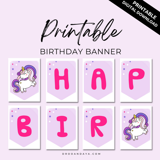 Happy Birthday Banner Printable PDF - Unicorn Theme - Droo & Aya