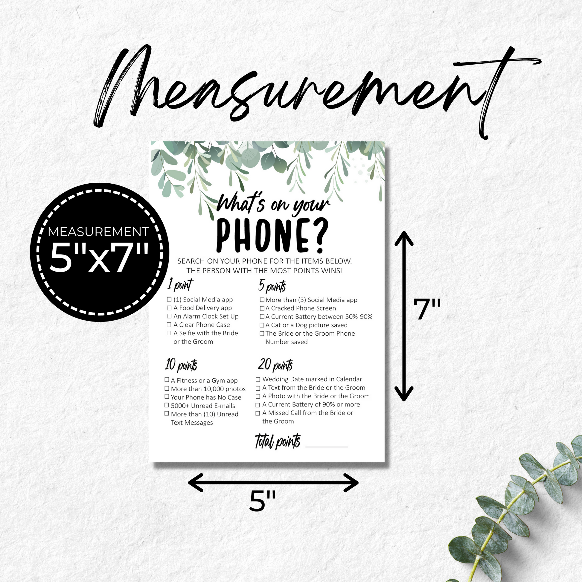 What's On Your Phone Wedding Game Printable - Greenery