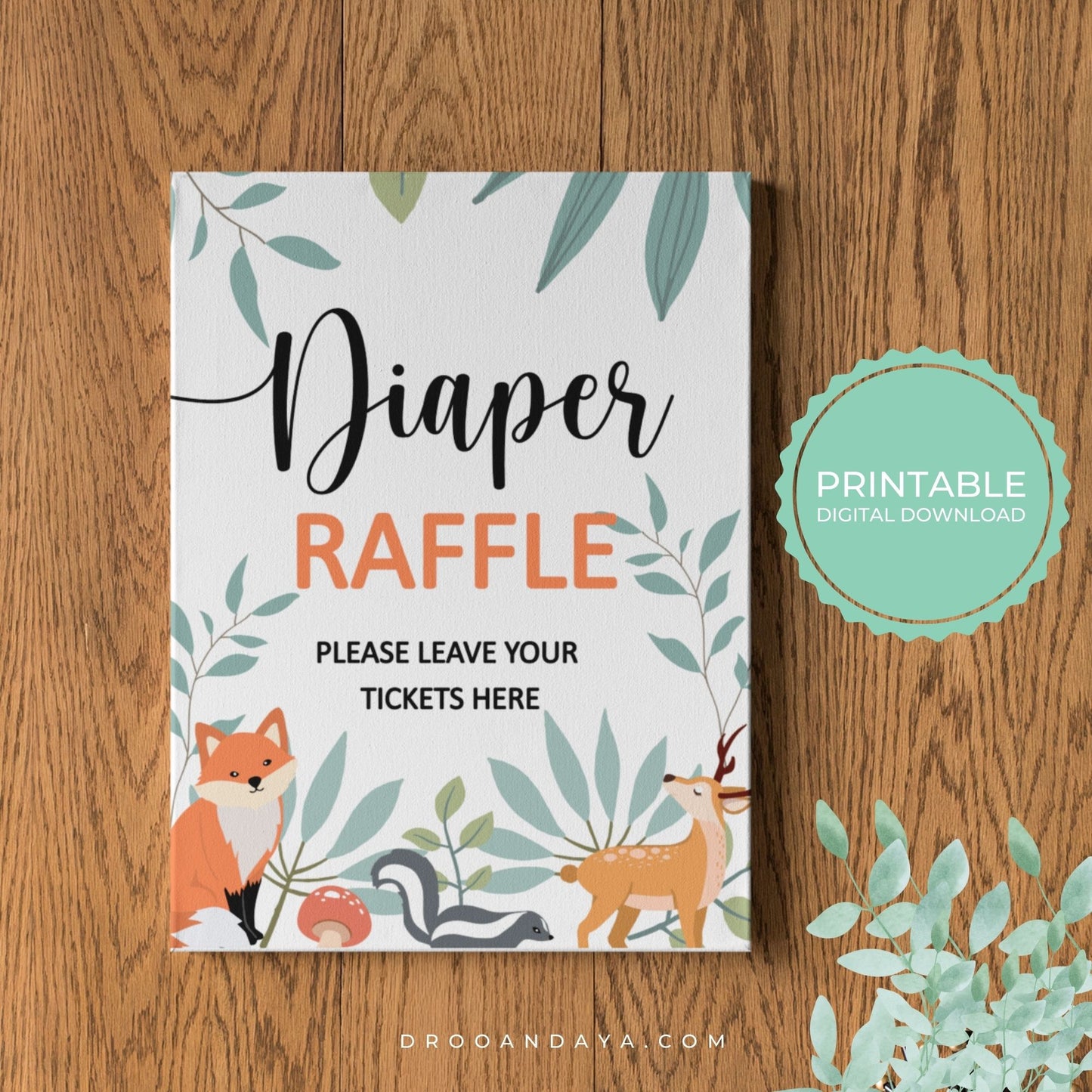 Diaper Raffle Sign Printable - Woodland Animals - Droo & Aya