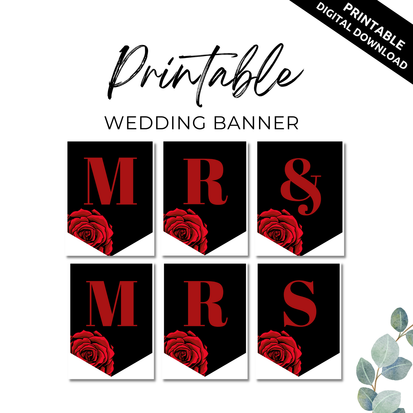 Mr and Mrs Wedding Banner Printable - Black and Red