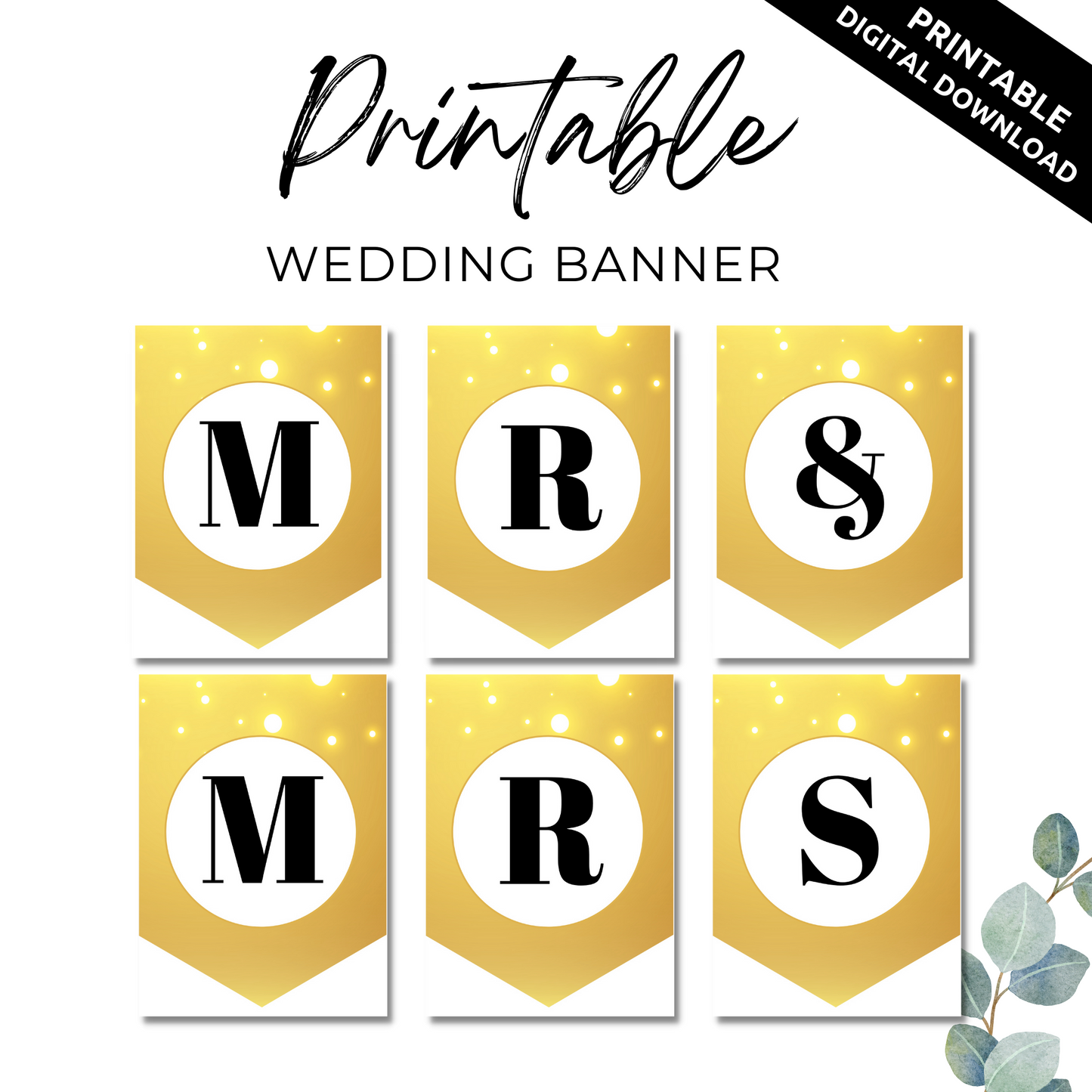 Mr and Mrs Wedding Banner Printable - Gold