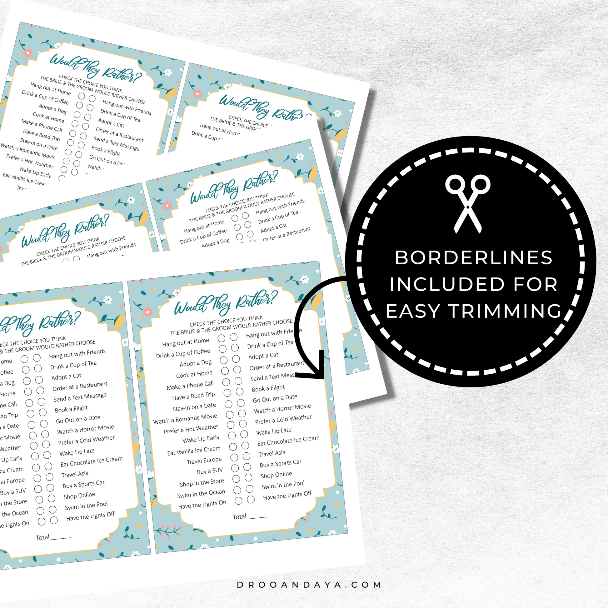 Would They Rather Printable Fun Wedding Game - Floral - Droo & Aya