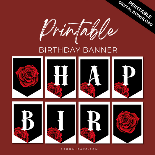 Happy Birthday Banner Printable PDF - Red Rose Floral Theme - Droo & Aya