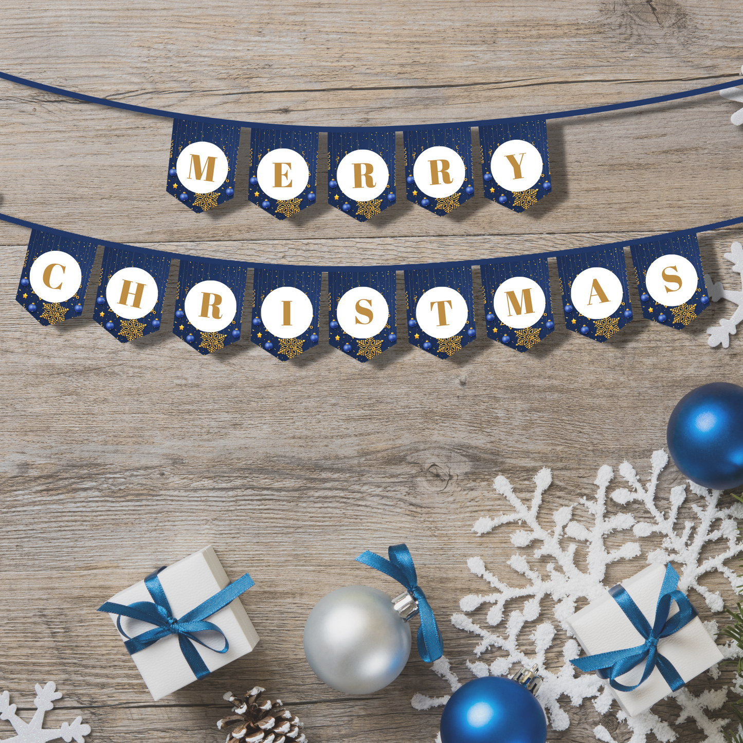 Blue and Gold Theme Merry Christmas Printable Banner - Droo & Aya