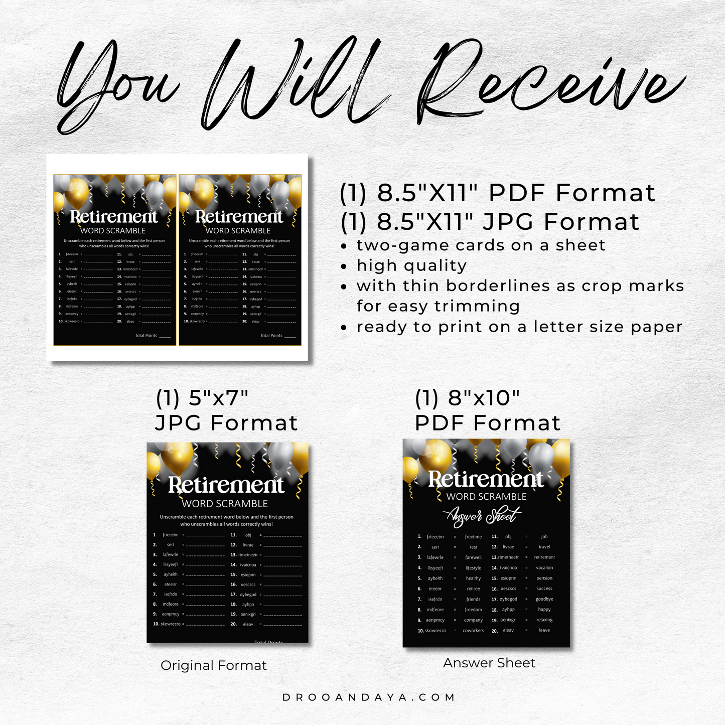 Retirement Party Games Printable - Black and Gold Party Theme - Droo & Aya