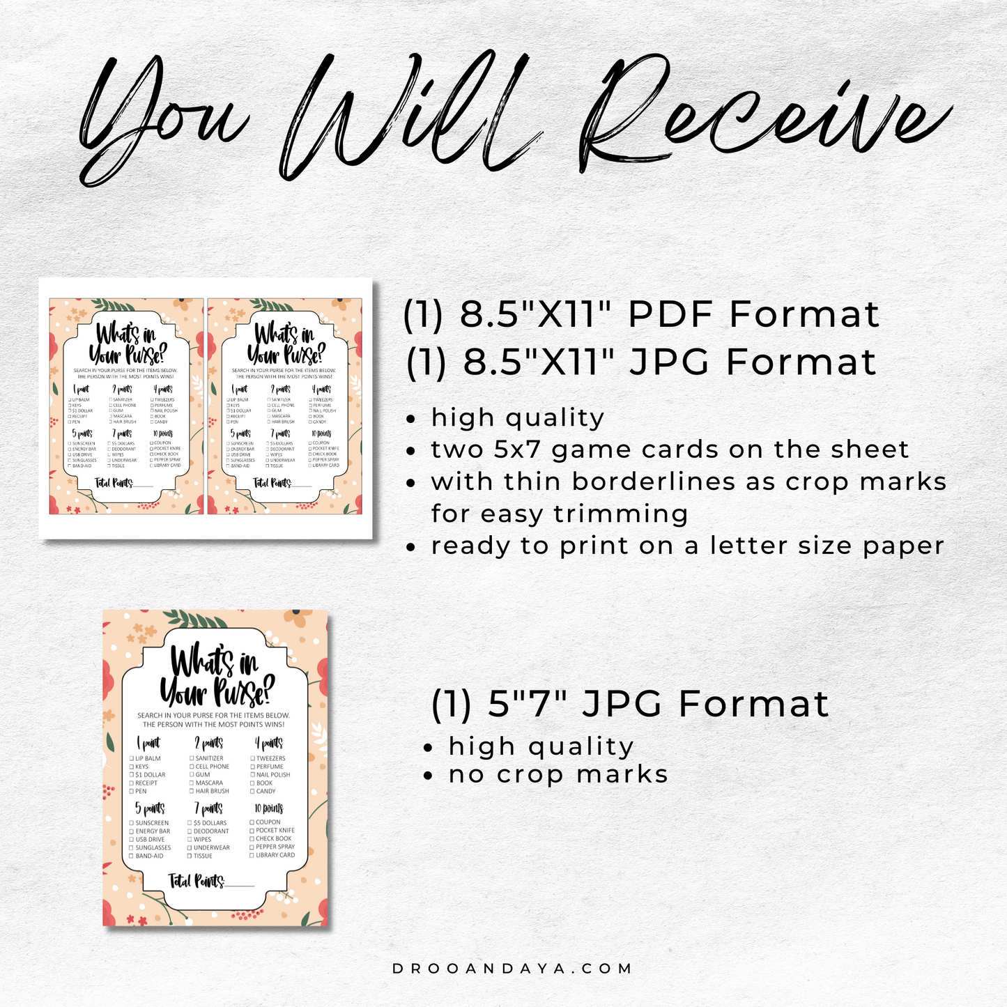 What's In Your Purse Bridal Shower Game Printable - Floral - Droo & Aya