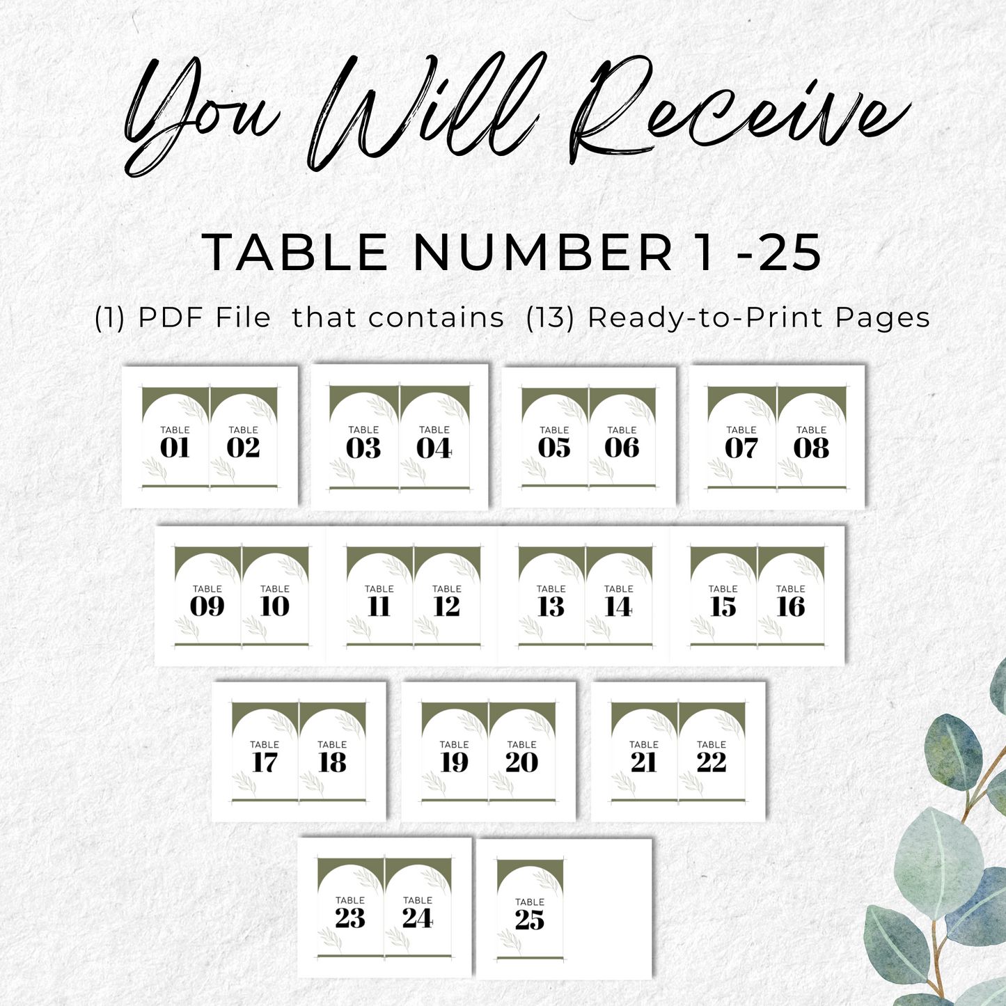 Eucalyptus Wedding Table Numbers Printable - Table 1-25
